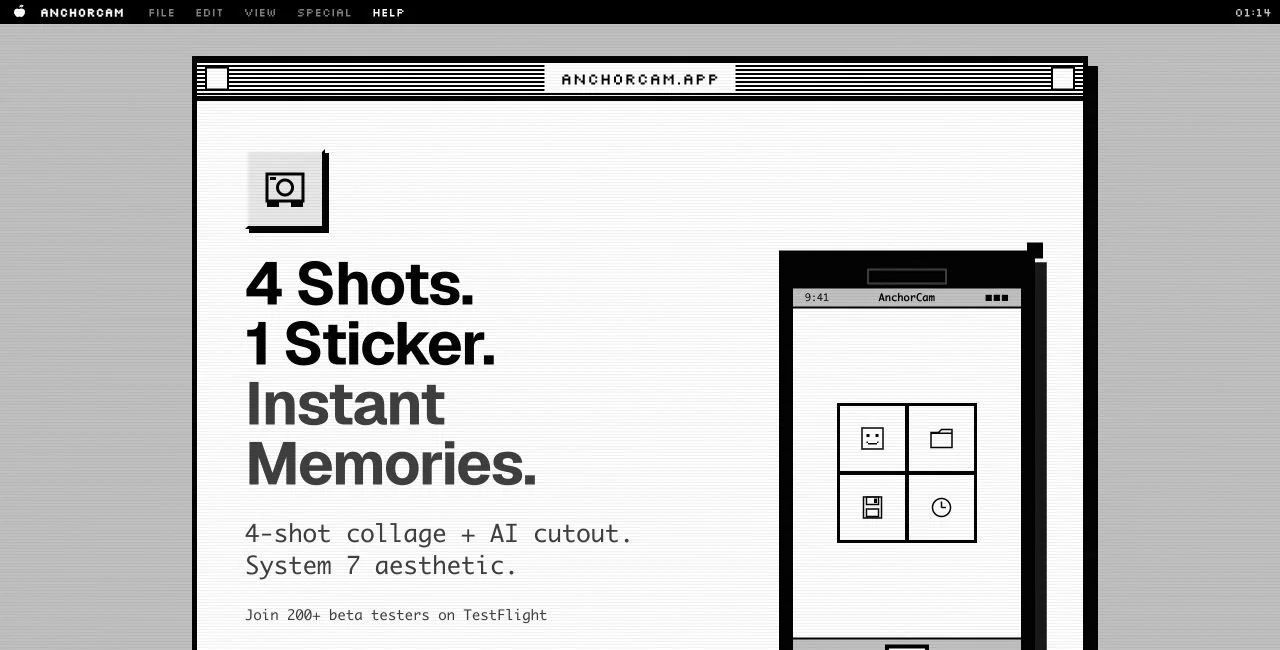 AnchorCam's TestFlight beta website and System 7-inspired product interface.