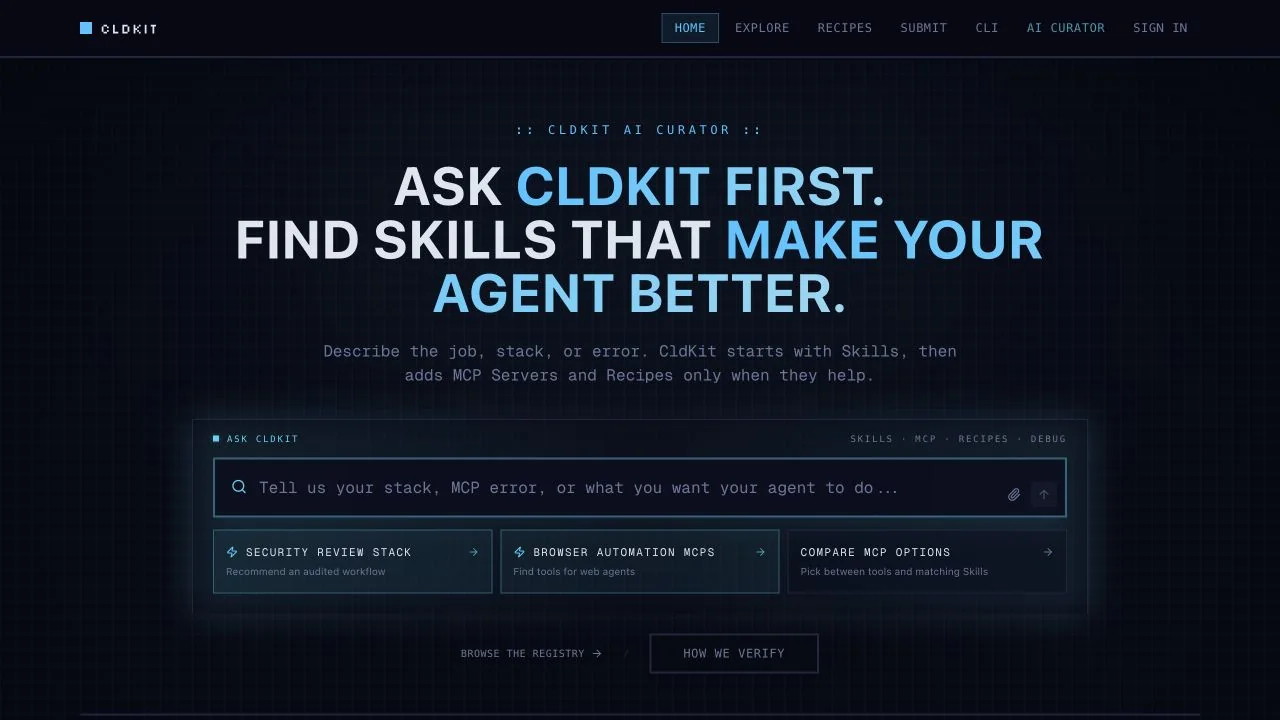 CLDKit live website showing its agent skill and MCP discovery interface.