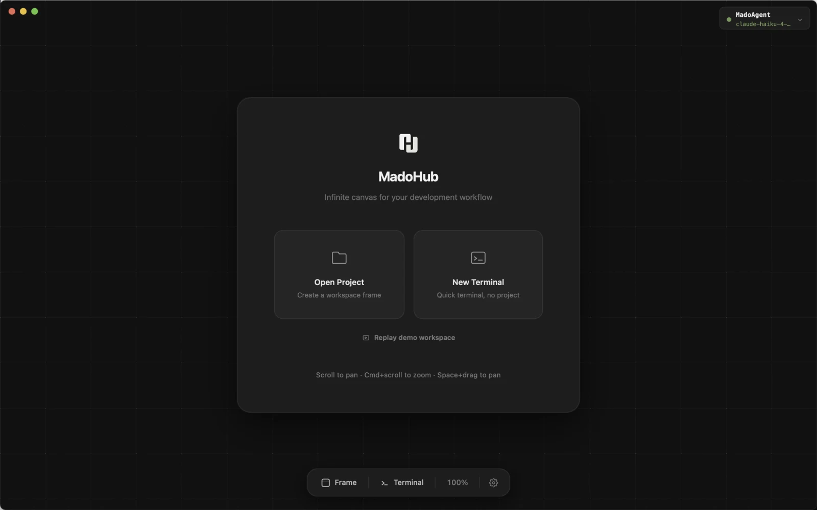MadoHub desktop app showing its English infinite-canvas workspace.